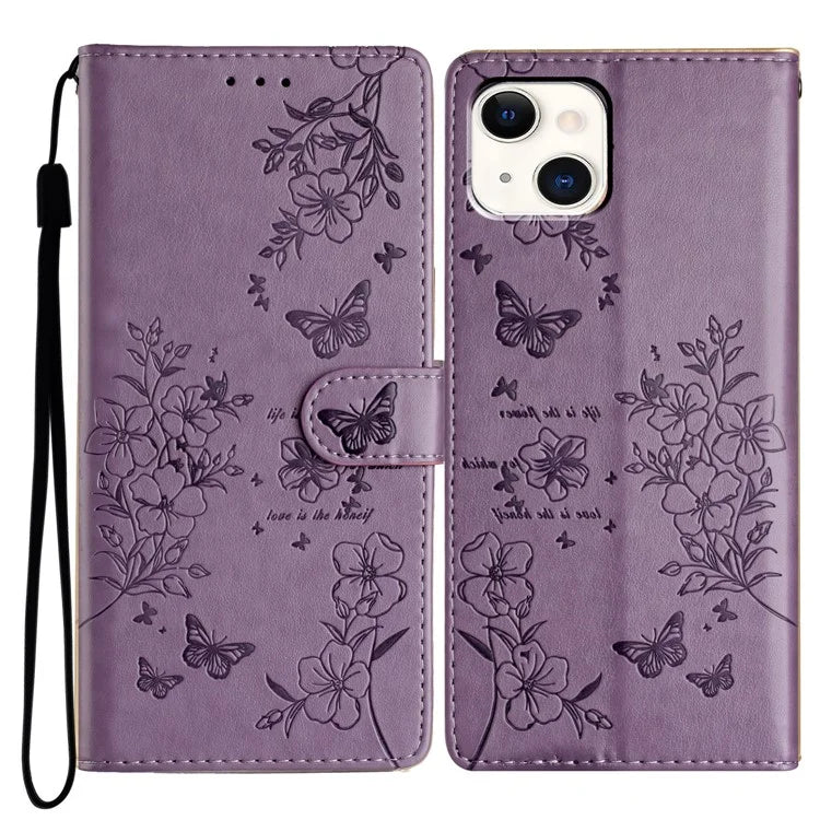 For iPhone 15 Wallet Case Butterfly Floral Imprint Leather Phone Cover with Strap
