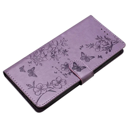 For iPhone 15 Wallet Case Butterfly Floral Imprint Leather Phone Cover with Strap