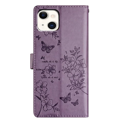 For iPhone 15 Wallet Case Butterfly Floral Imprint Leather Phone Cover with Strap