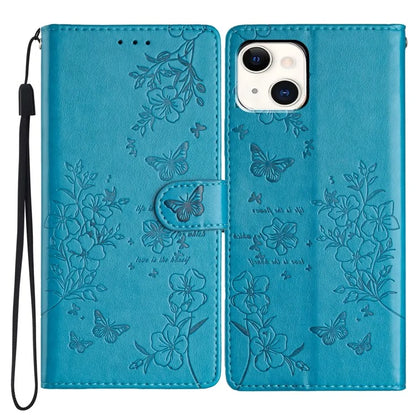 For iPhone 15 Wallet Case Butterfly Floral Imprint Leather Phone Cover with Strap