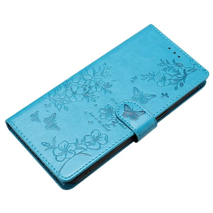For iPhone 15 Wallet Case Butterfly Floral Imprint Leather Phone Cover with Strap
