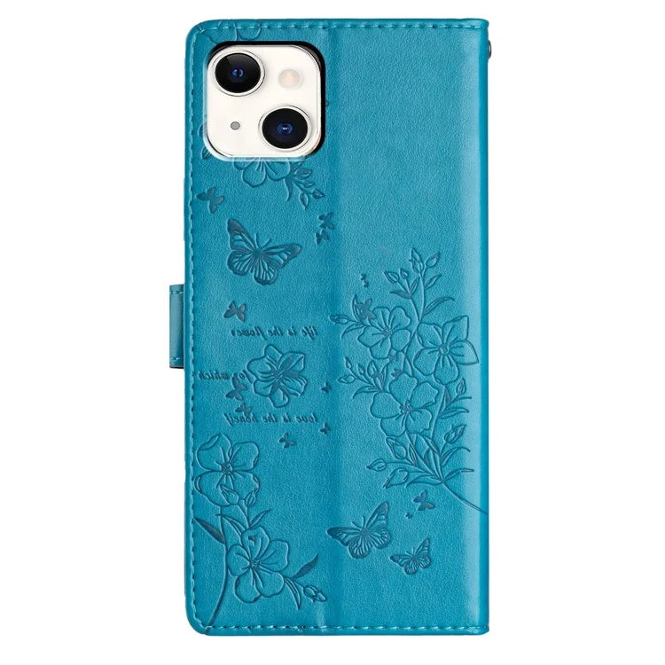 For iPhone 15 Wallet Case Butterfly Floral Imprint Leather Phone Cover with Strap