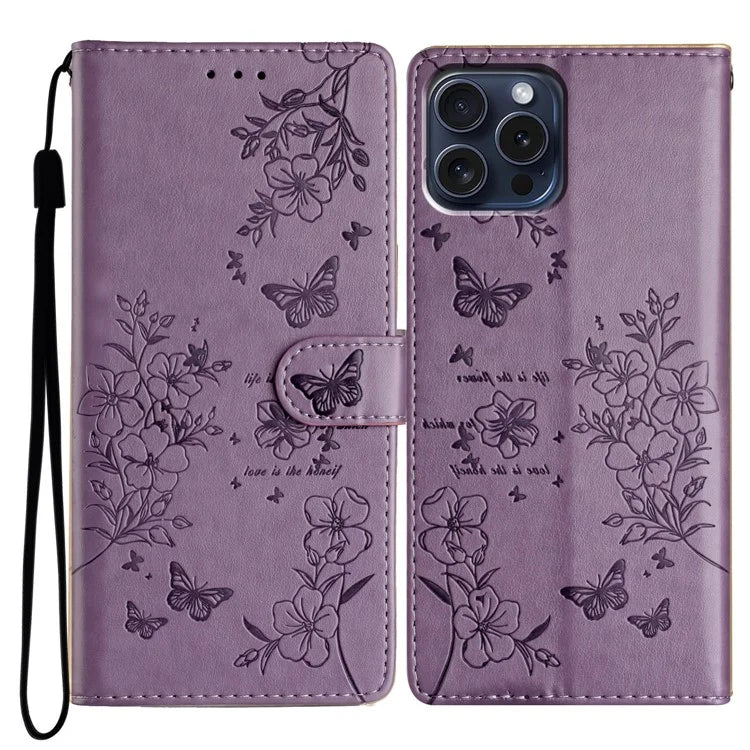 For iPhone 13 Pro Wallet Case Butterfly Floral Imprint Leather Phone Cover with Stand