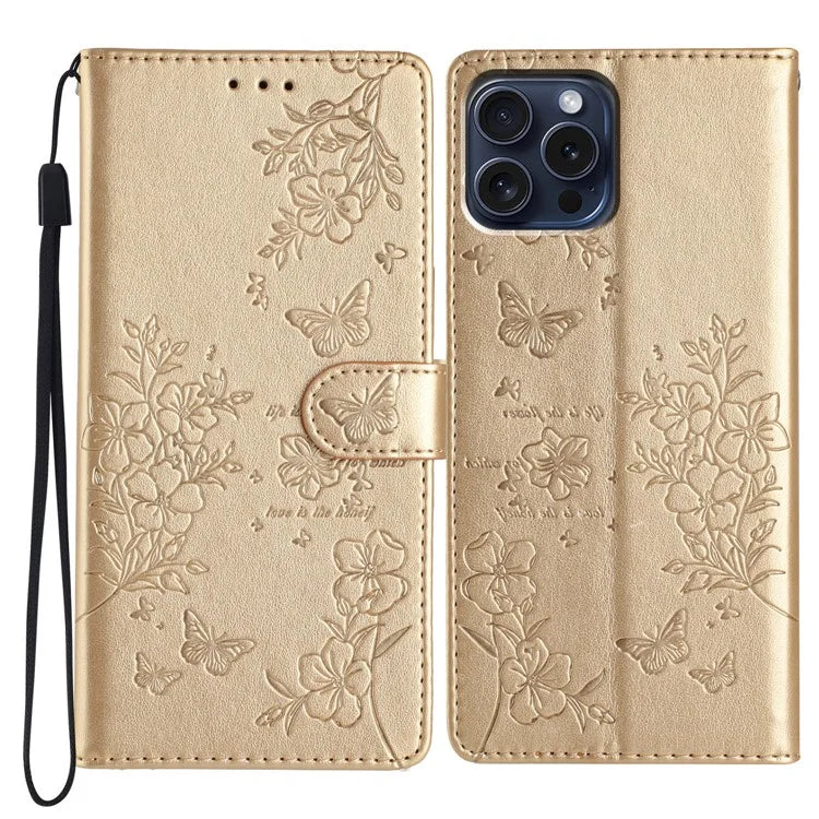 For iPhone 13 Pro Wallet Case Butterfly Floral Imprint Leather Phone Cover with Stand