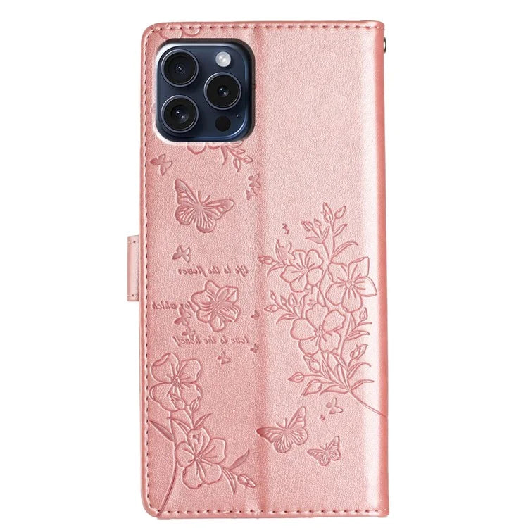 For iPhone 13 Pro Wallet Case Butterfly Floral Imprint Leather Phone Cover with Stand