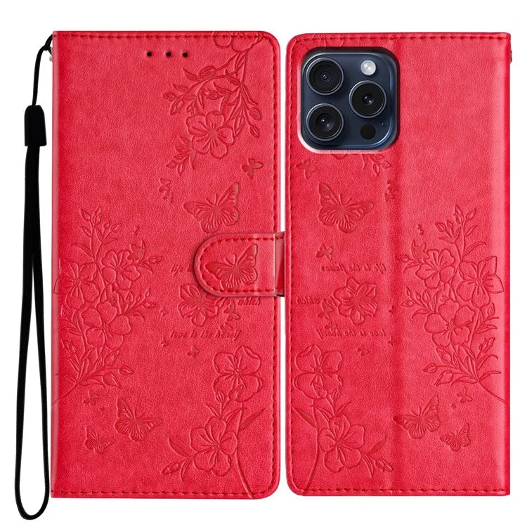 For iPhone 13 Pro Wallet Case Butterfly Floral Imprint Leather Phone Cover with Stand