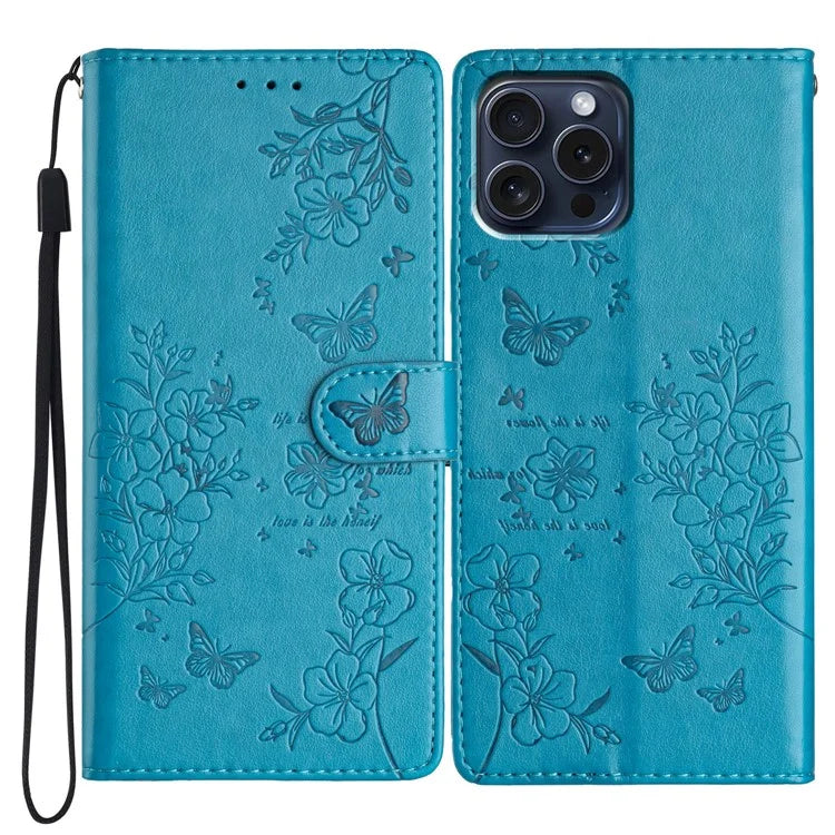 For iPhone 13 Pro Wallet Case Butterfly Floral Imprint Leather Phone Cover with Stand