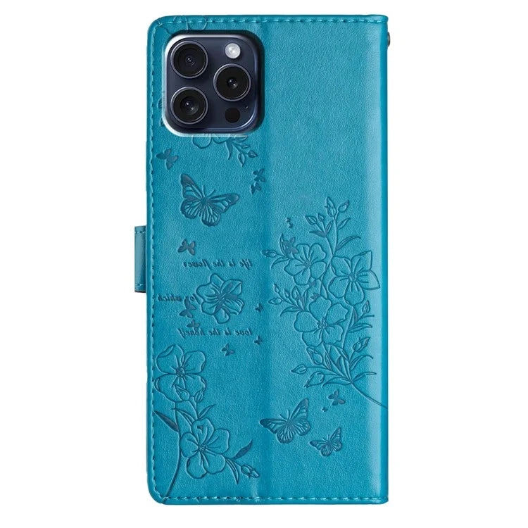For iPhone 13 Pro Wallet Case Butterfly Floral Imprint Leather Phone Cover with Stand