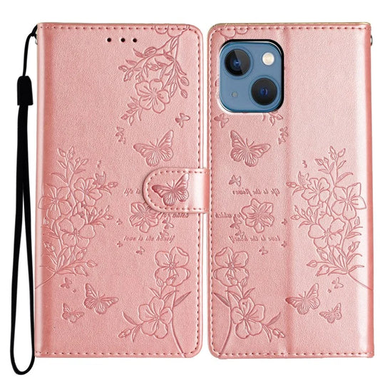 For iPhone 13 Case Butterfly Floral Imprint Leather Wallet Phone Cover with Strap