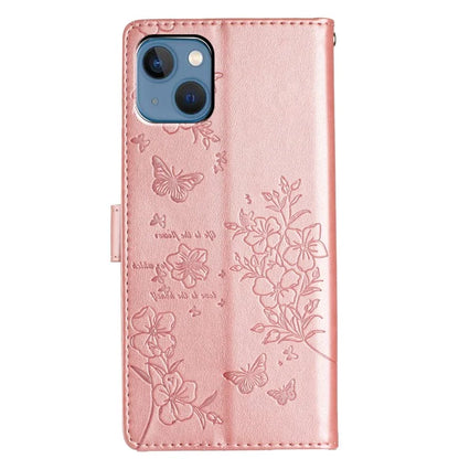 For iPhone 13 Case Butterfly Floral Imprint Leather Wallet Phone Cover with Strap