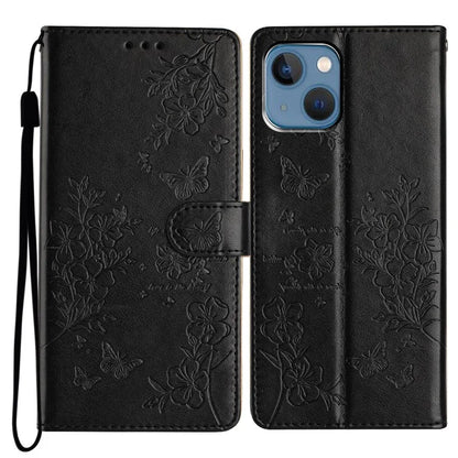 For iPhone 13 Case Butterfly Floral Imprint Leather Wallet Phone Cover with Strap