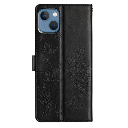 For iPhone 13 Case Butterfly Floral Imprint Leather Wallet Phone Cover with Strap