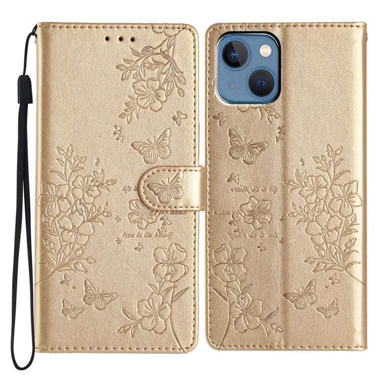 For iPhone 13 Case Butterfly Floral Imprint Leather Wallet Phone Cover with Strap