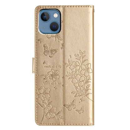 For iPhone 13 Case Butterfly Floral Imprint Leather Wallet Phone Cover with Strap
