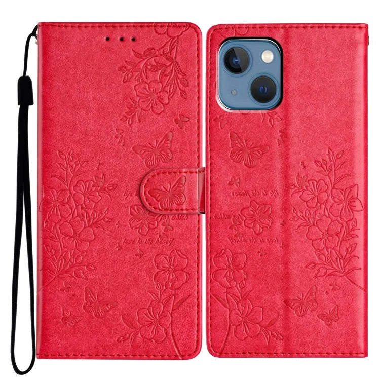 For iPhone 13 Case Butterfly Floral Imprint Leather Wallet Phone Cover with Strap