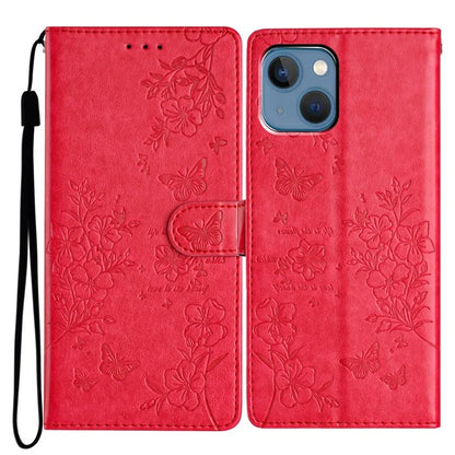 For iPhone 13 Case Butterfly Floral Imprint Leather Wallet Phone Cover with Strap
