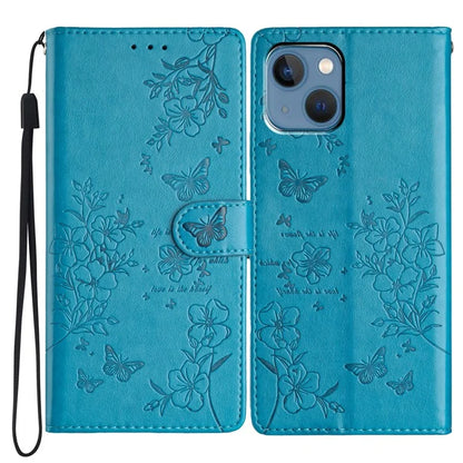 For iPhone 13 Case Butterfly Floral Imprint Leather Wallet Phone Cover with Strap