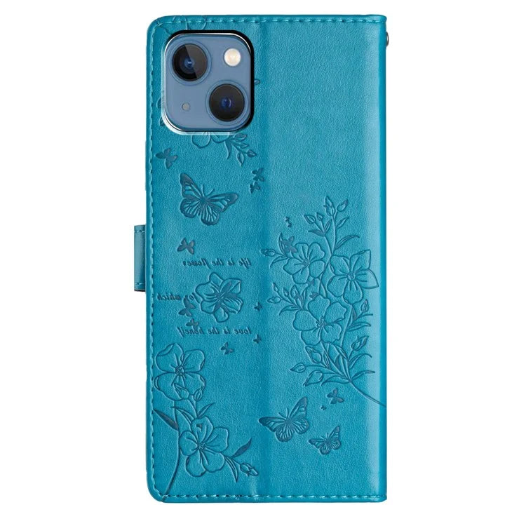 For iPhone 13 Case Butterfly Floral Imprint Leather Wallet Phone Cover with Strap