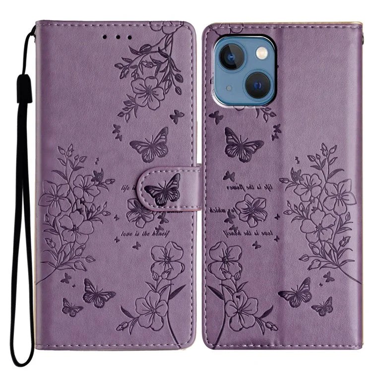 For iPhone 13 Case Butterfly Floral Imprint Leather Wallet Phone Cover with Strap