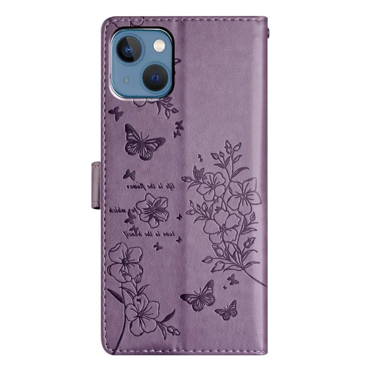For iPhone 13 Case Butterfly Floral Imprint Leather Wallet Phone Cover with Strap