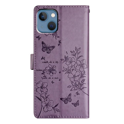 For iPhone 13 Case Butterfly Floral Imprint Leather Wallet Phone Cover with Strap