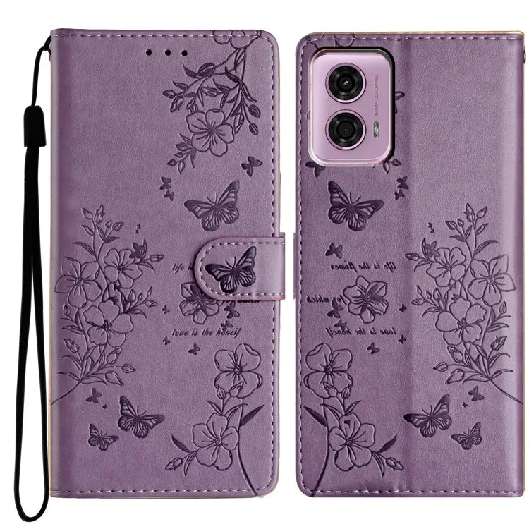 For Motorola Moto G45 5G / G34 5G Stand Case Butterfly Floral Imprint Leather Wallet Phone Cover