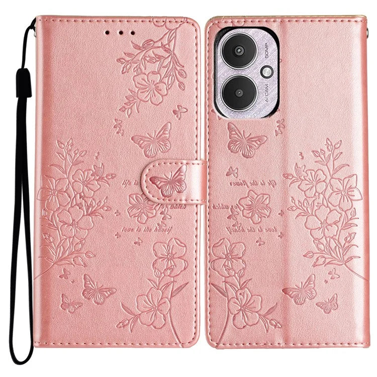 For Xiaomi Redmi 13C 4G / Poco C65 4G Phone Case Butterfly Floral Imprint Stand Leather Cover