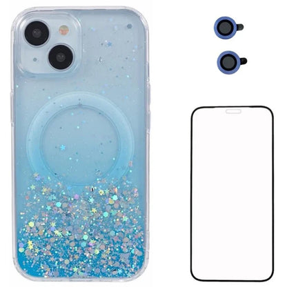 WANLONFENG JWT Series For iPhone 13 Glitter Sequin TPU+Acrylic Magnetic Phone Case with Screen Film + Lens Film
