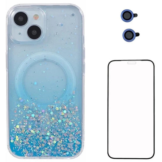 WANLONFENG JWT Series For iPhone 13 Glitter Sequin TPU+Acrylic Magnetic Phone Case with Screen Film + Lens Film