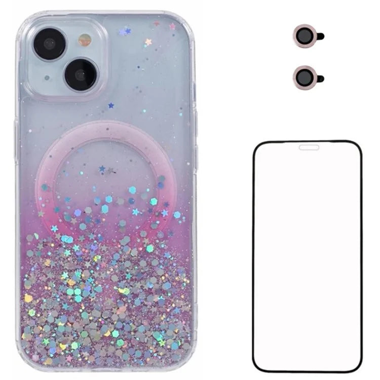 WANLONFENG JWT Series For iPhone 13 Glitter Sequin TPU+Acrylic Magnetic Phone Case with Screen Film + Lens Film
