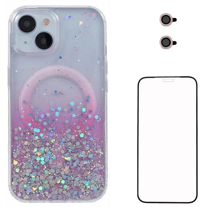 WANLONFENG JWT Series For iPhone 13 Glitter Sequin TPU+Acrylic Magnetic Phone Case with Screen Film + Lens Film