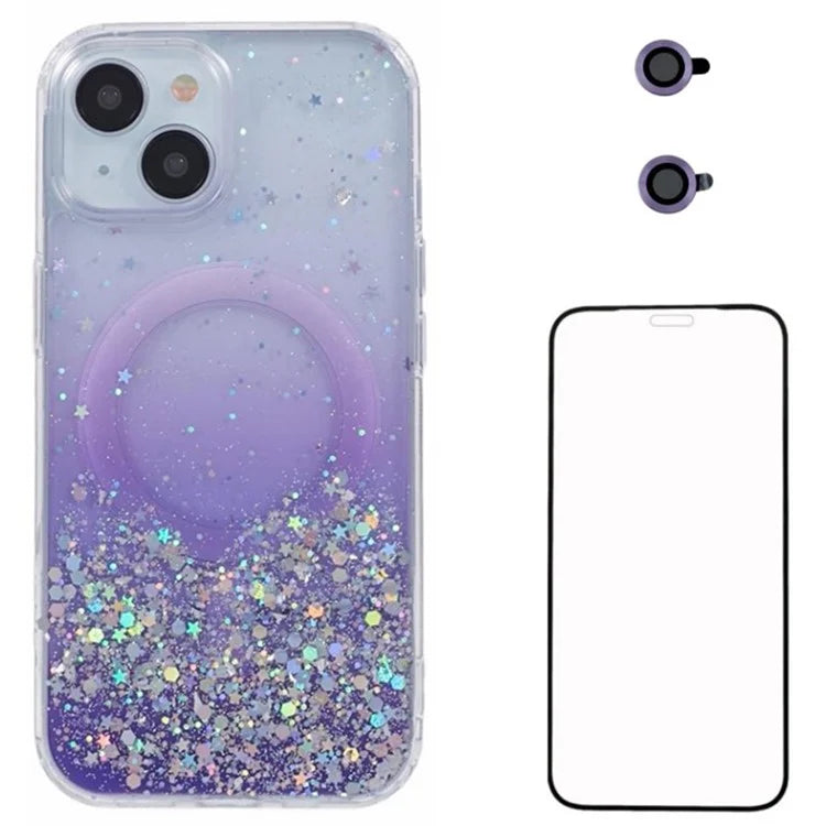 WANLONFENG JWT Series For iPhone 13 Glitter Sequin TPU+Acrylic Magnetic Phone Case with Screen Film + Lens Film