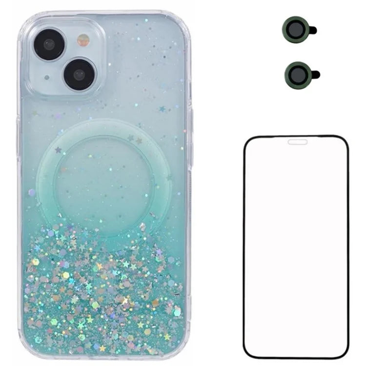 WANLONFENG JWT Series For iPhone 13 Glitter Sequin TPU+Acrylic Magnetic Phone Case with Screen Film + Lens Film