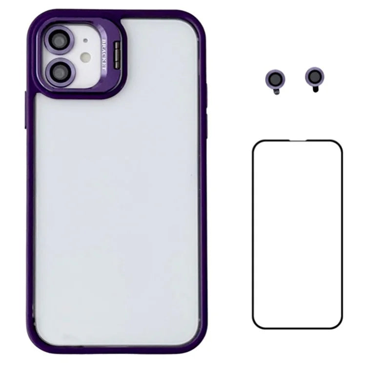WANLONFENG NKS Series For iPhone 12 Acrylic Phone Case Kickstand Cover with Screen Film and Lens Film