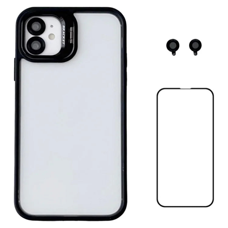 WANLONFENG NKS Series For iPhone 12 Acrylic Phone Case Kickstand Cover with Screen Film and Lens Film