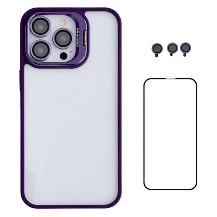 WANLONFENG NKS Series For iPhone 15 Pro Max Acrylic Phone Case Kickstand Cover with Screen Film and Lens Film