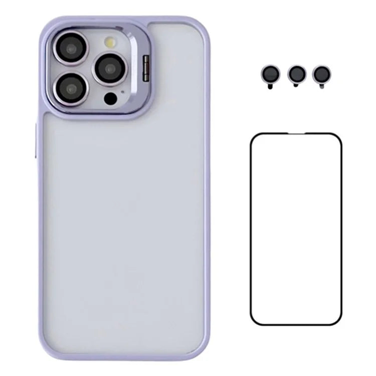 WANLONFENG NKS Series For iPhone 15 Pro Max Acrylic Phone Case Kickstand Cover with Screen Film and Lens Film