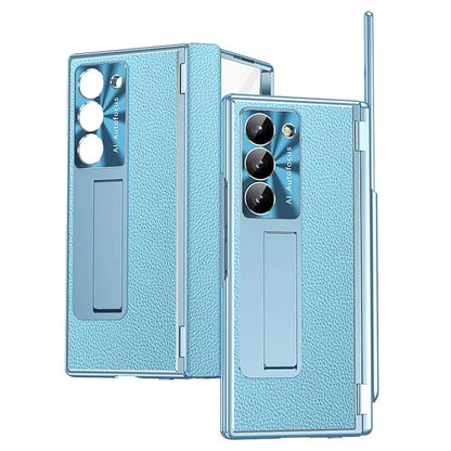 For Samsung Galaxy Z Fold6 5G PU Leather+Aluminum Alloy Kickstand Cover Folding Phone Case with Pen  /  Pen Slot