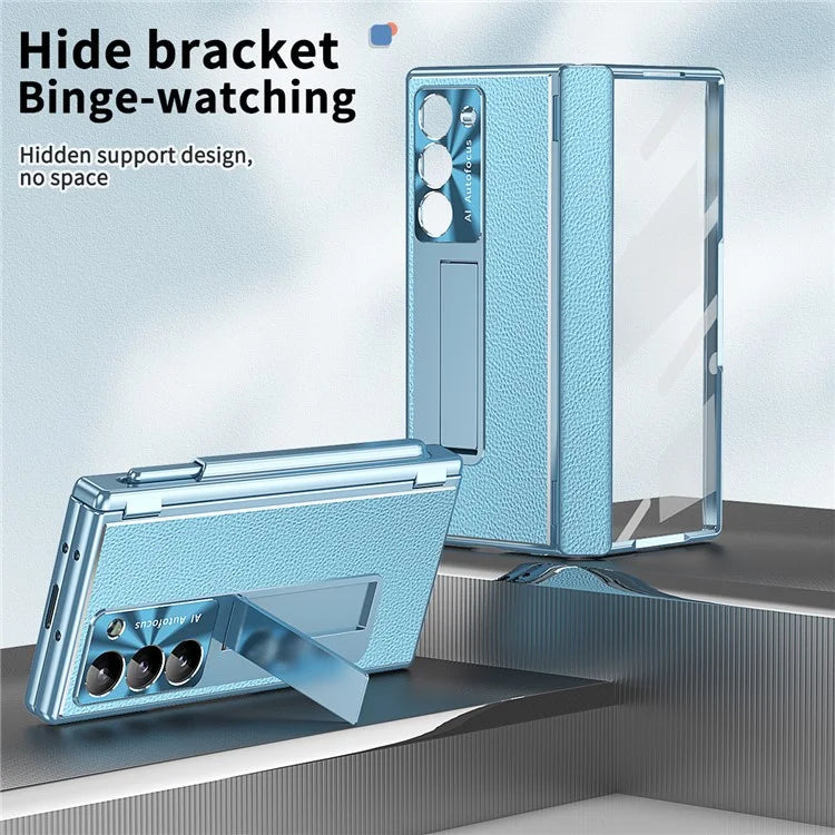 For Samsung Galaxy Z Fold6 5G PU Leather+Aluminum Alloy Kickstand Cover Folding Phone Case with Pen  /  Pen Slot