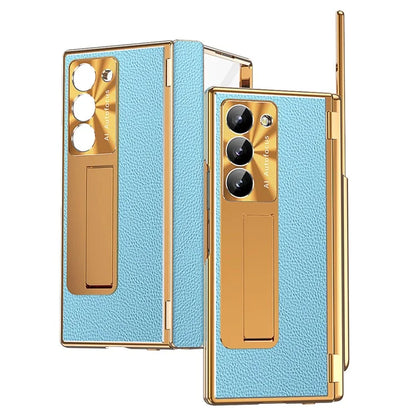 For Samsung Galaxy Z Fold6 5G PU Leather+Aluminum Alloy Kickstand Cover Folding Phone Case with Pen  /  Pen Slot
