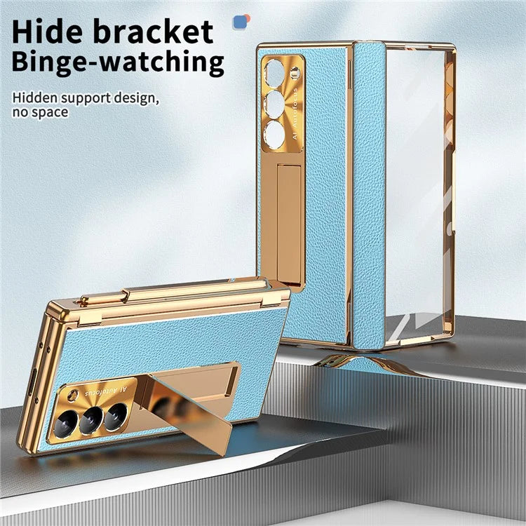 For Samsung Galaxy Z Fold6 5G PU Leather+Aluminum Alloy Kickstand Cover Folding Phone Case with Pen  /  Pen Slot