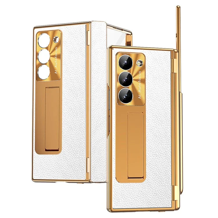 For Samsung Galaxy Z Fold6 5G PU Leather+Aluminum Alloy Kickstand Cover Folding Phone Case with Pen  /  Pen Slot