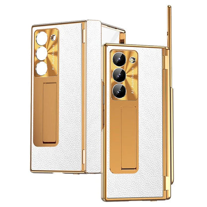For Samsung Galaxy Z Fold6 5G PU Leather+Aluminum Alloy Kickstand Cover Folding Phone Case with Pen  /  Pen Slot
