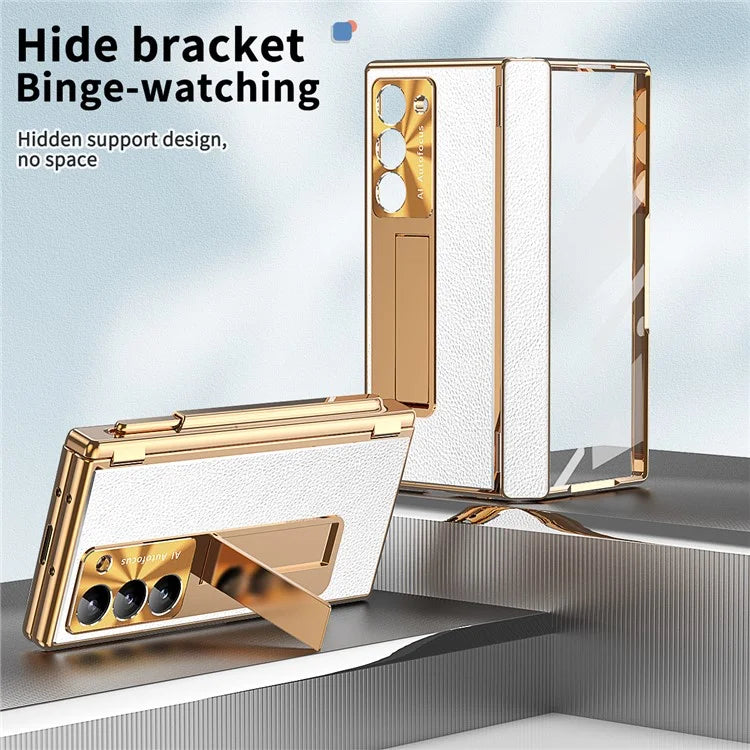 For Samsung Galaxy Z Fold6 5G PU Leather+Aluminum Alloy Kickstand Cover Folding Phone Case with Pen  /  Pen Slot