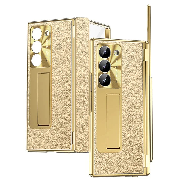 For Samsung Galaxy Z Fold6 5G PU Leather+Aluminum Alloy Kickstand Cover Folding Phone Case with Pen  /  Pen Slot