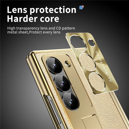 For Samsung Galaxy Z Fold6 5G PU Leather+Aluminum Alloy Kickstand Cover Folding Phone Case with Pen  /  Pen Slot