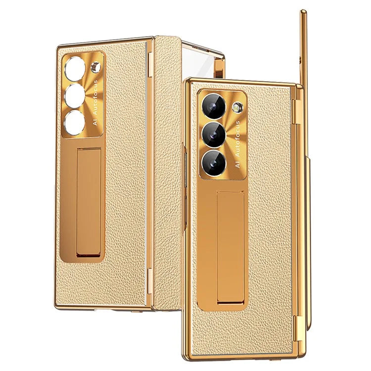For Samsung Galaxy Z Fold6 5G PU Leather+Aluminum Alloy Kickstand Cover Folding Phone Case with Pen  /  Pen Slot