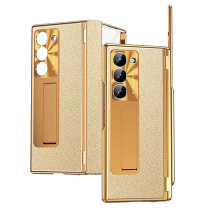 For Samsung Galaxy Z Fold6 5G PU Leather+Aluminum Alloy Kickstand Cover Folding Phone Case with Pen  /  Pen Slot