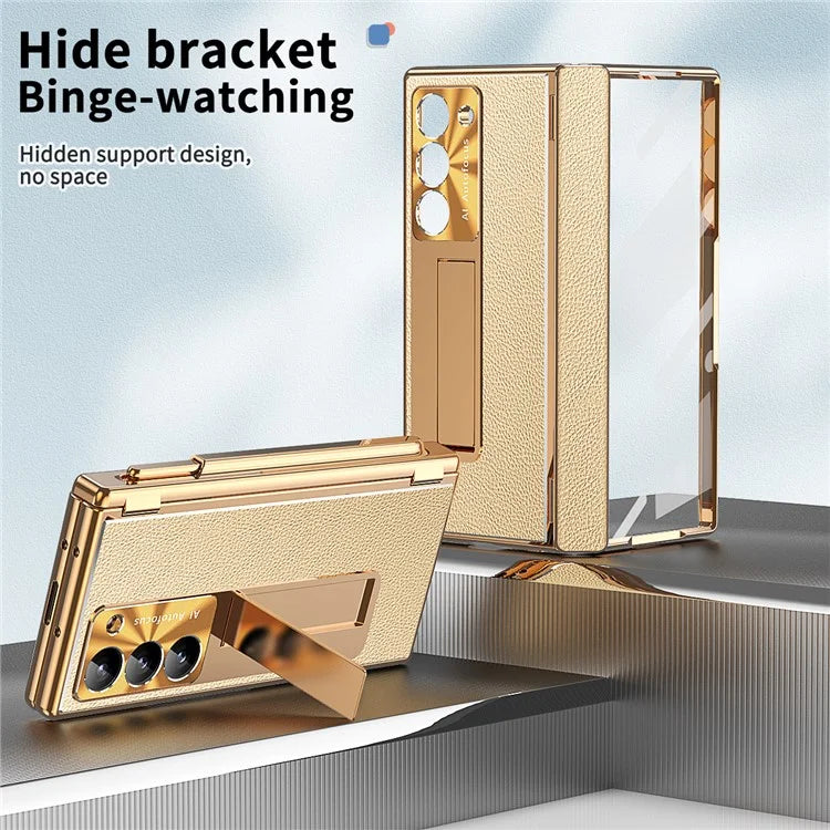 For Samsung Galaxy Z Fold6 5G PU Leather+Aluminum Alloy Kickstand Cover Folding Phone Case with Pen  /  Pen Slot