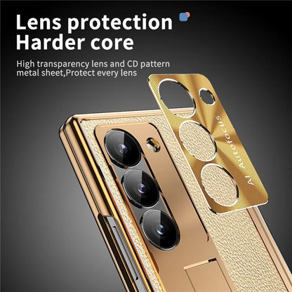 For Samsung Galaxy Z Fold6 5G PU Leather+Aluminum Alloy Kickstand Cover Folding Phone Case with Pen  /  Pen Slot